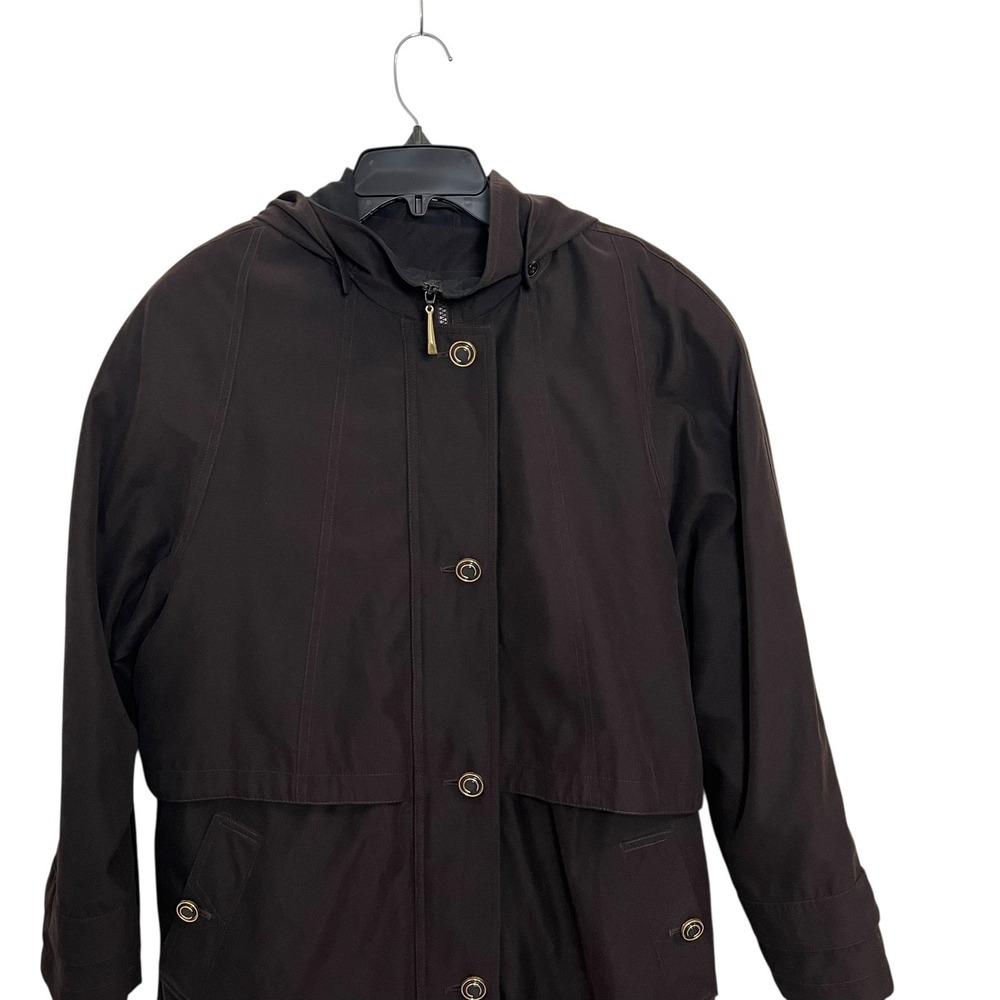 VTG Valerie Stevens Womens Long Hooded Trench Coat Brown Button Zip Size 12P - Picture 3 of 13